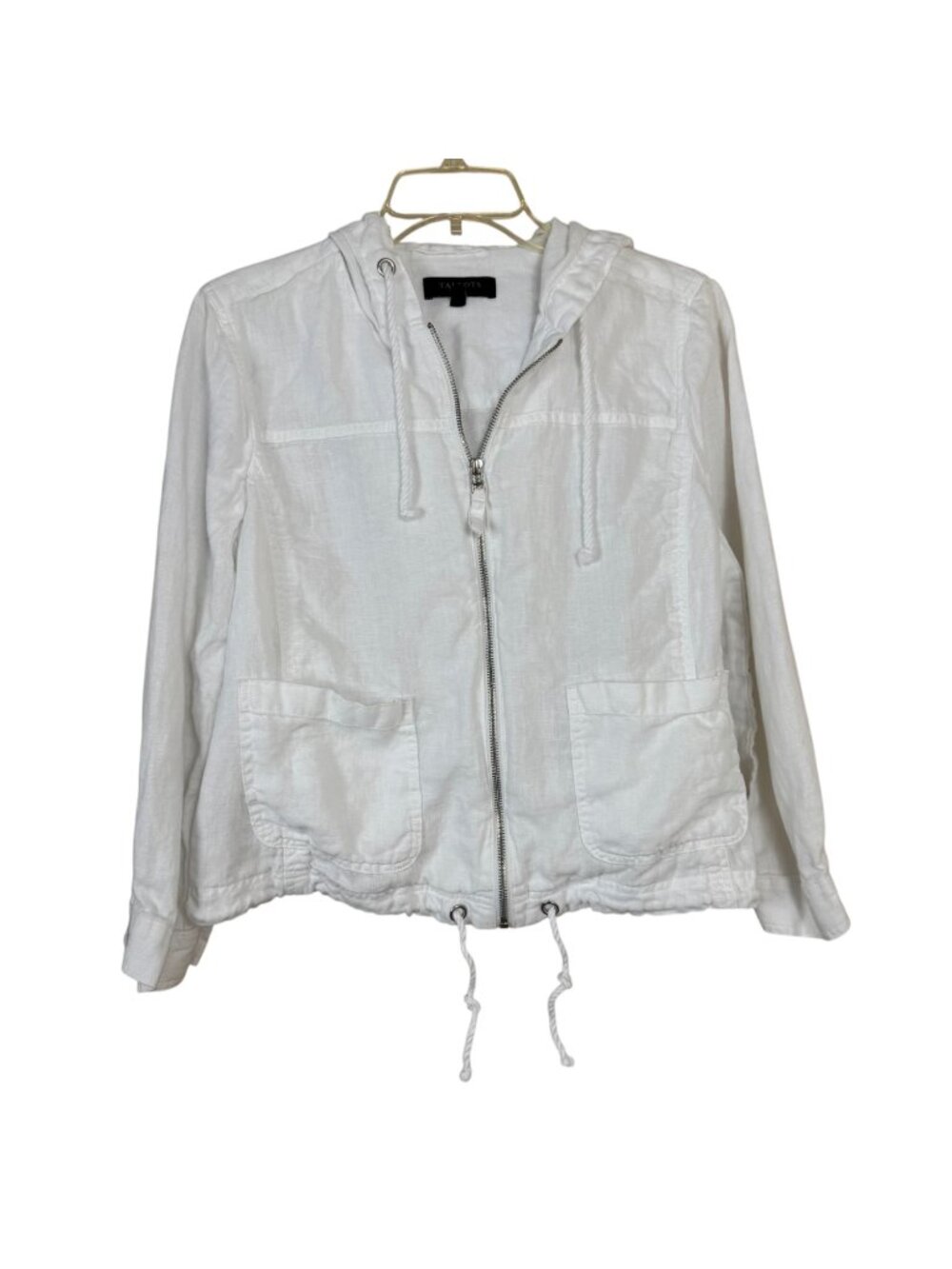 Talbots White 100% Linen Jacket Size L Petite Zip Hooded Drawstring Summer Beach